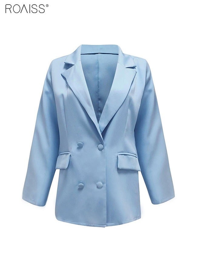 roaiss Women's Casual Business Blazer Fashion Casual Solid Color Office Coat Classic Lapel Button Open Placket Coat Ladies Classic Lapel Button Open Placket Suit Jacket with Shoulder Pads Blue - Image 4